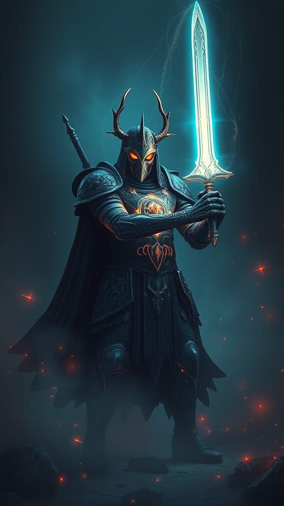 Mystical Warrior with Glowing Sword in Neon Landscape