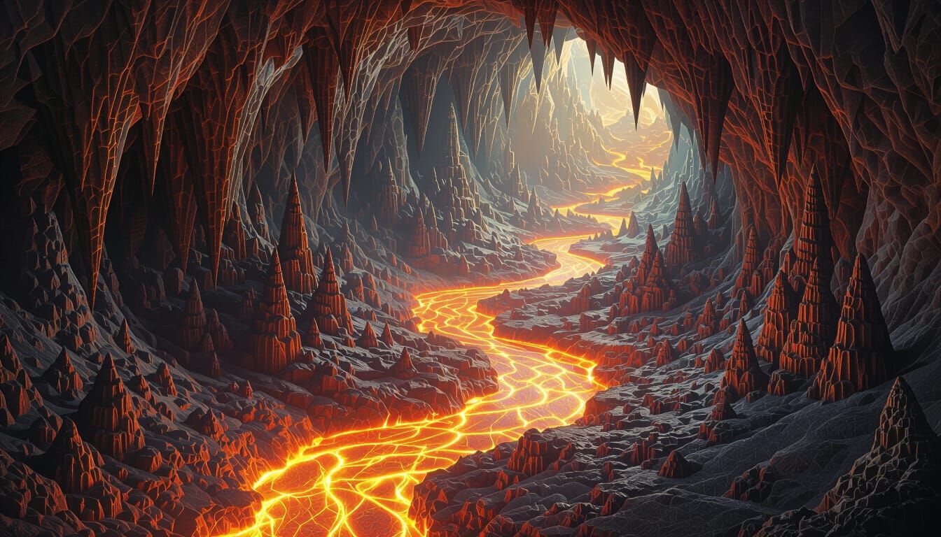 Fractal Lava Cave in Hyper-Detailed Fantasy Scene