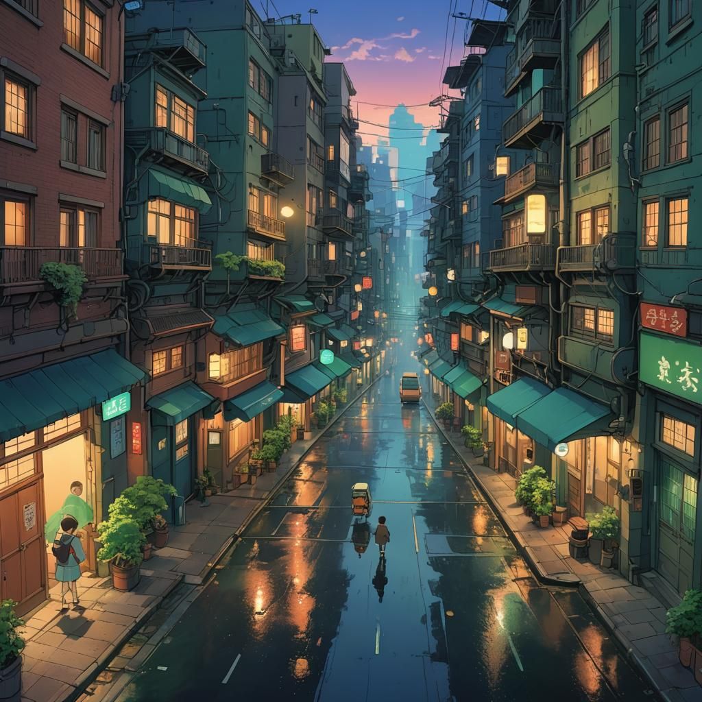 Studio Ghibli Inspired Cityscape with Aliens