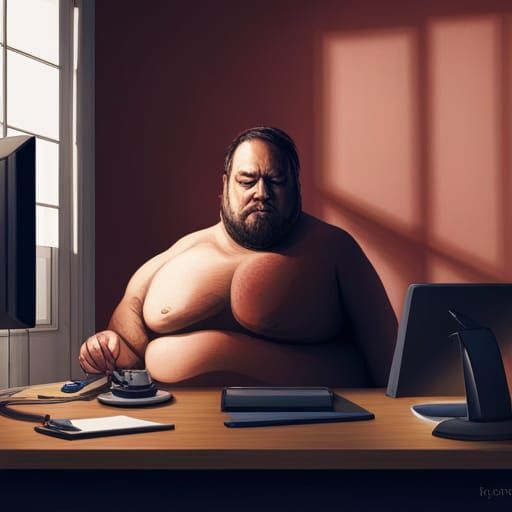 Hyperrealistic Man at Computer: Detailed Digital Art