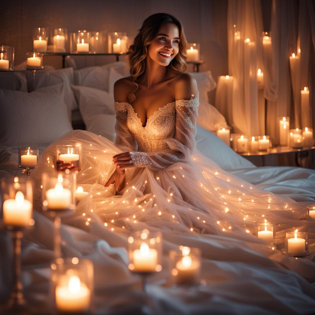 Romantic Girl in Bed Surrounded by Candlelight