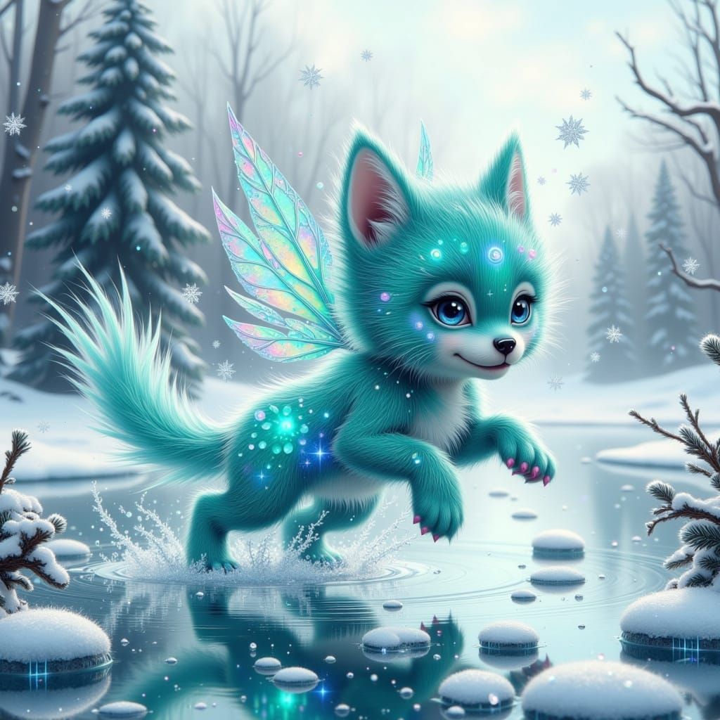 Crystal Puppy Emerges in Whimsical Winter Wonderland Scene