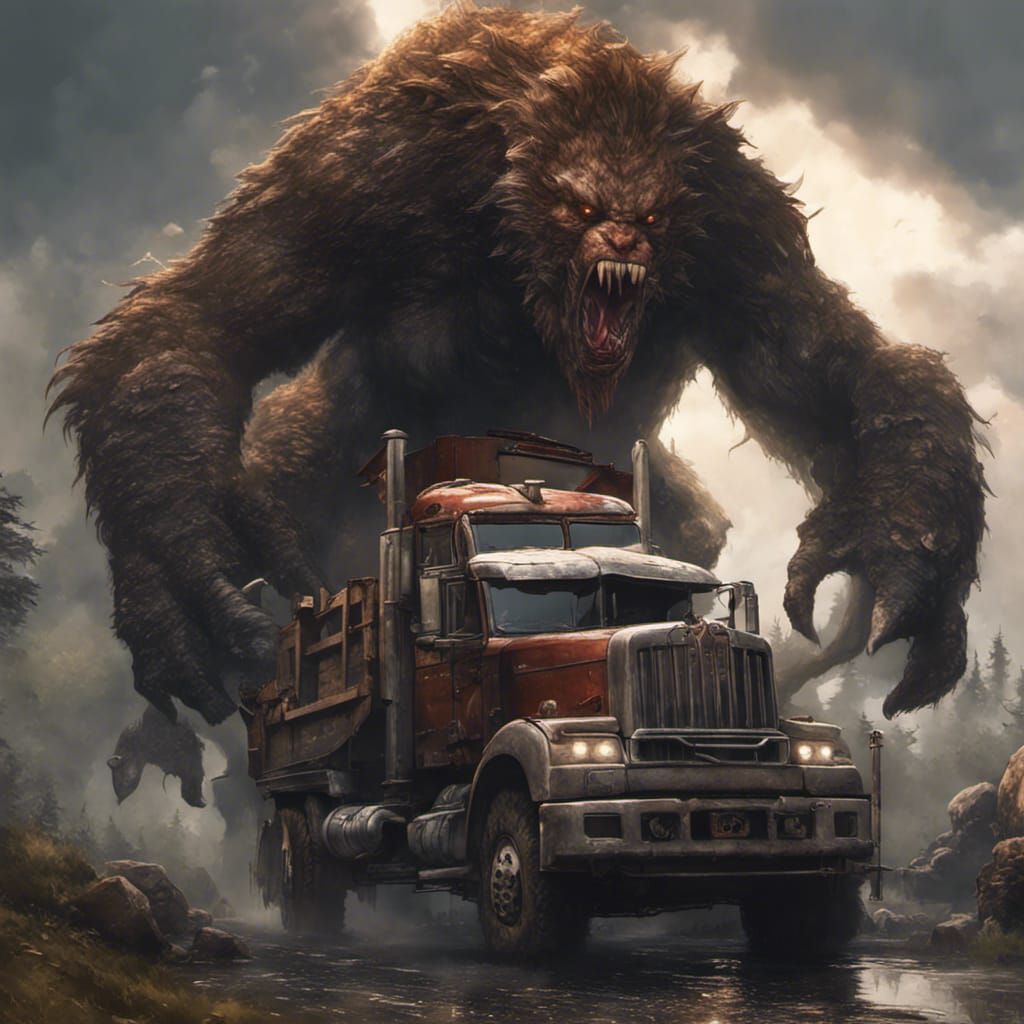 Furry Giant Eats Trucks: Dark Fantasy Concept Art