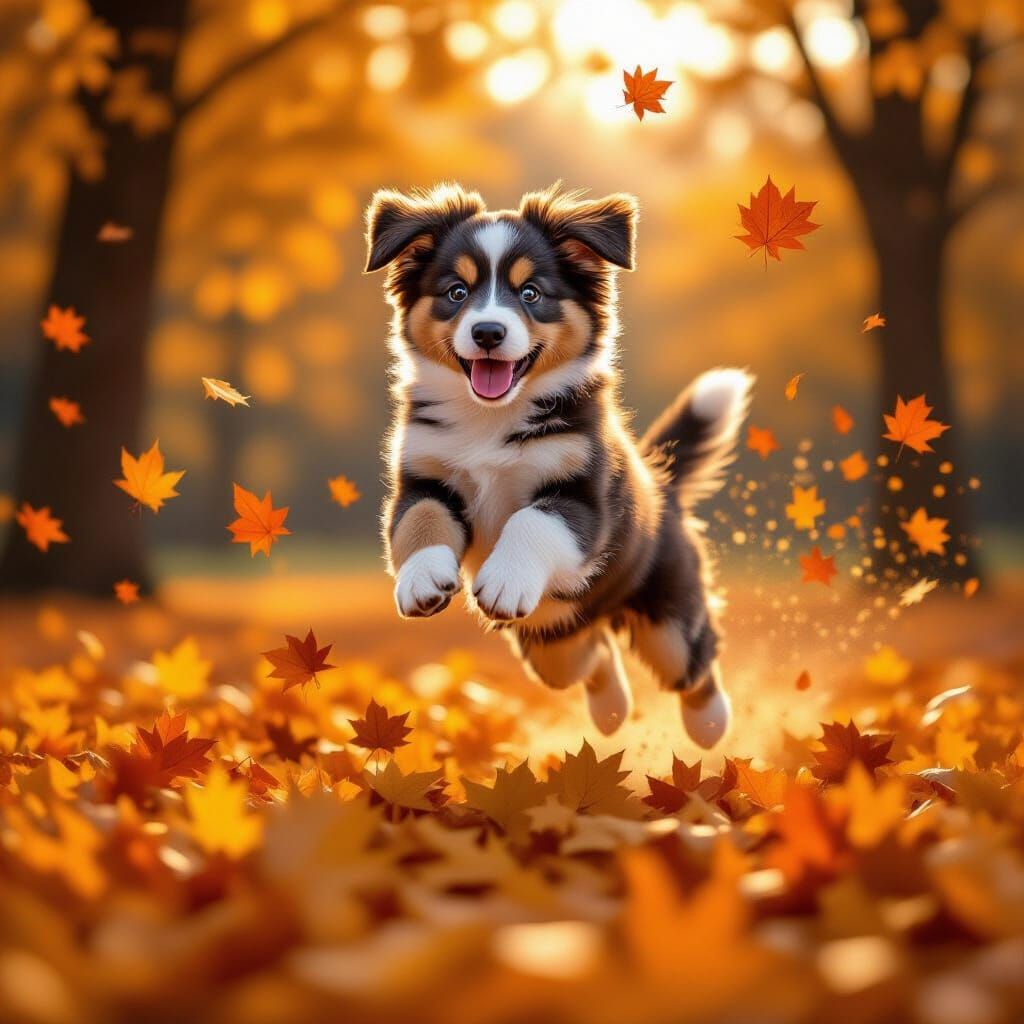 Joyful Puppy Leaps Through Autumn Leaves