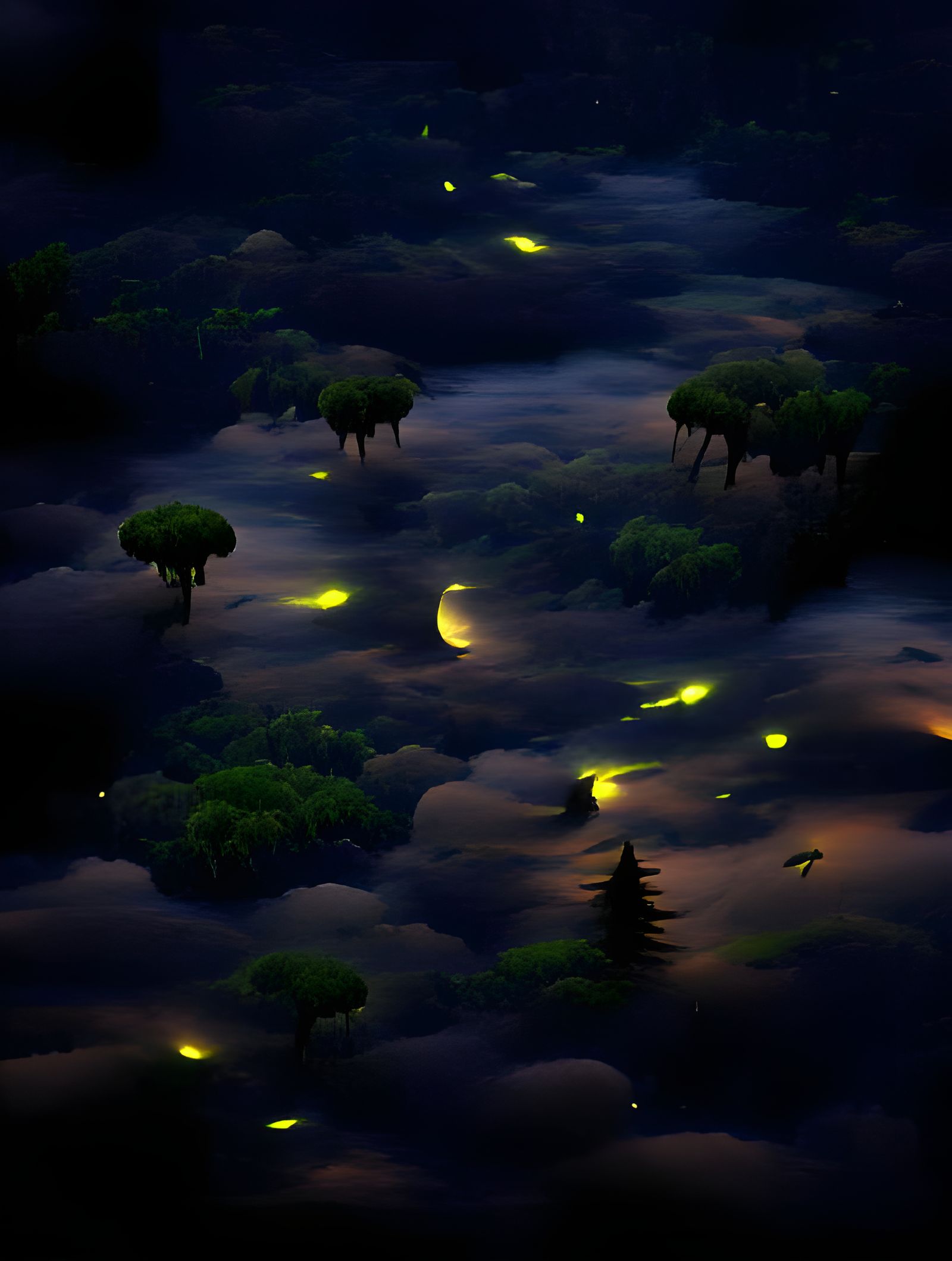 Fireflies Illuminate Twilight Forest Near the Moon