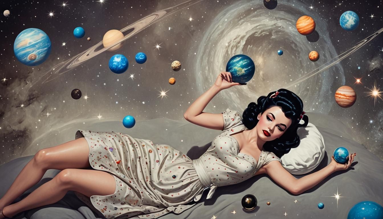 Retro Pinup Girl in Galaxy Landscape
