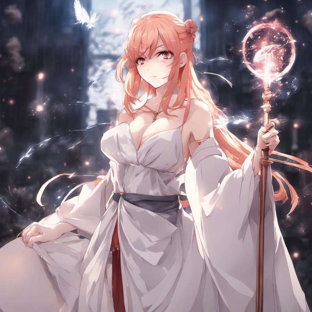 Anime Girl Mage with Red Hair and Wand