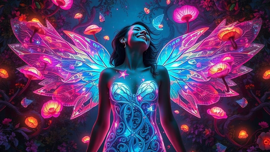 Dreamlike Woman Embodied by Glowing Mushroom Mycelium Wings ...