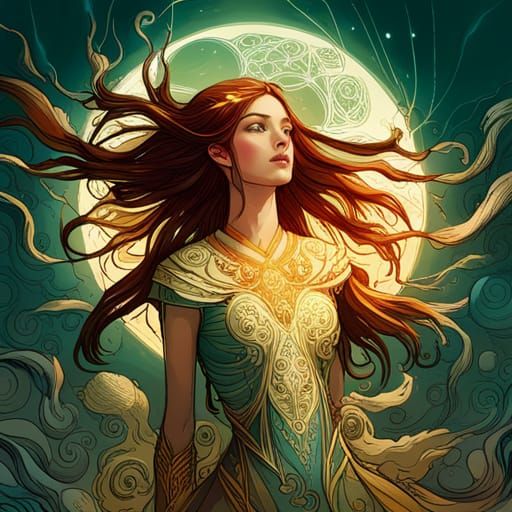 Bioluminescent Moon Goddess with Golden Outlines