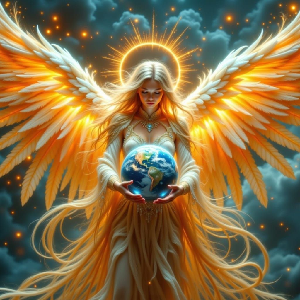 Star Angel Gently Holding Planet Earth