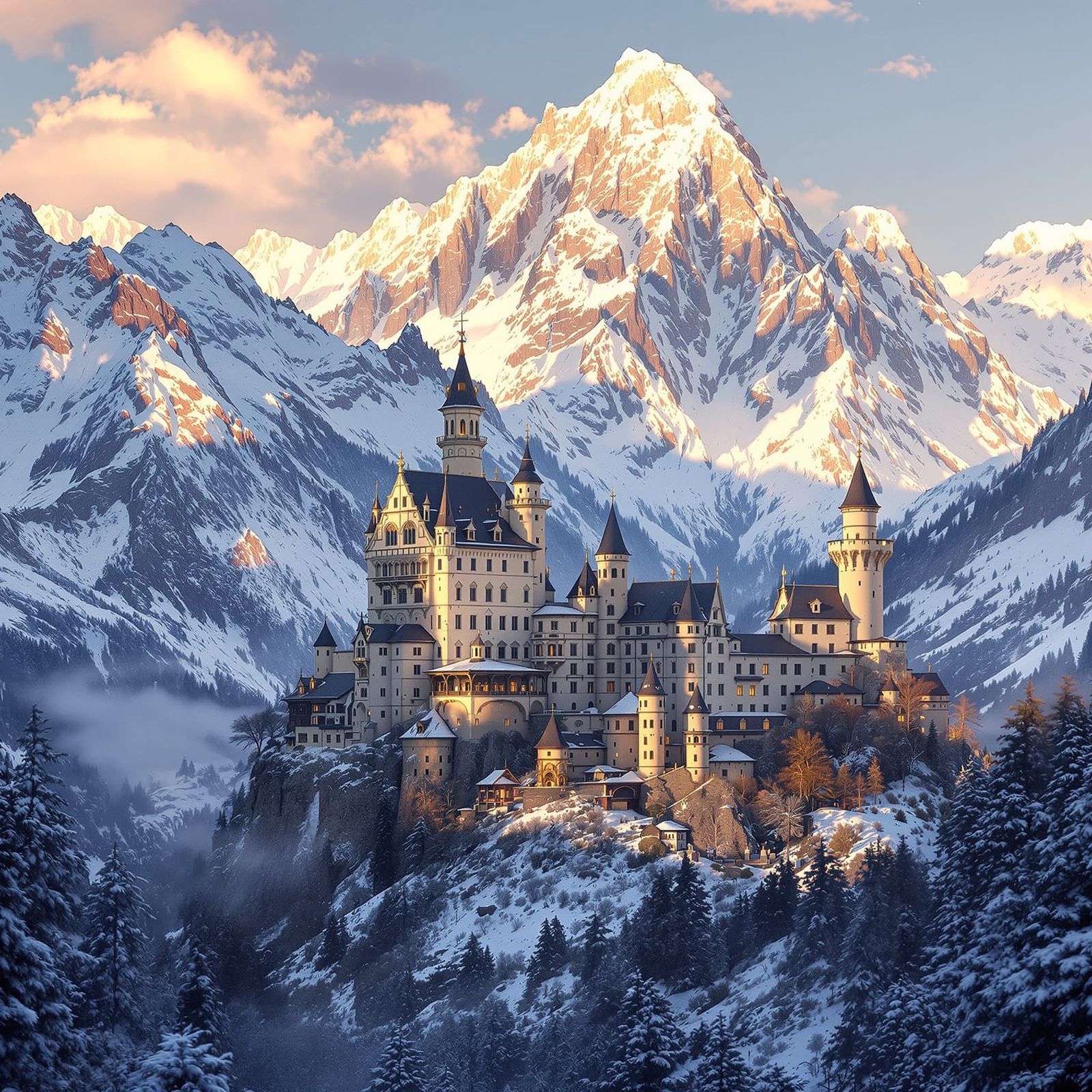 Majestic Alpine Castle at Sunrise
