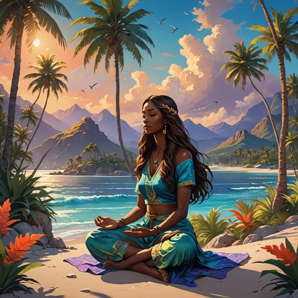 Meditating Woman on Tropical Beach: Fantasy Art