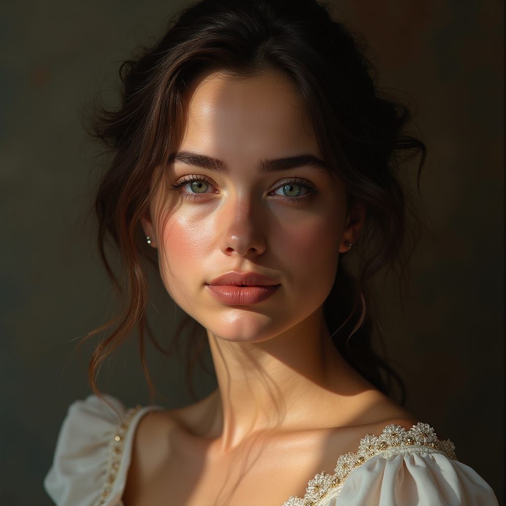 Retrato ultra realista de uma mulher croata jovem 24 anos e deslumbrante, com feições simétricas e olhar cativante sorri...