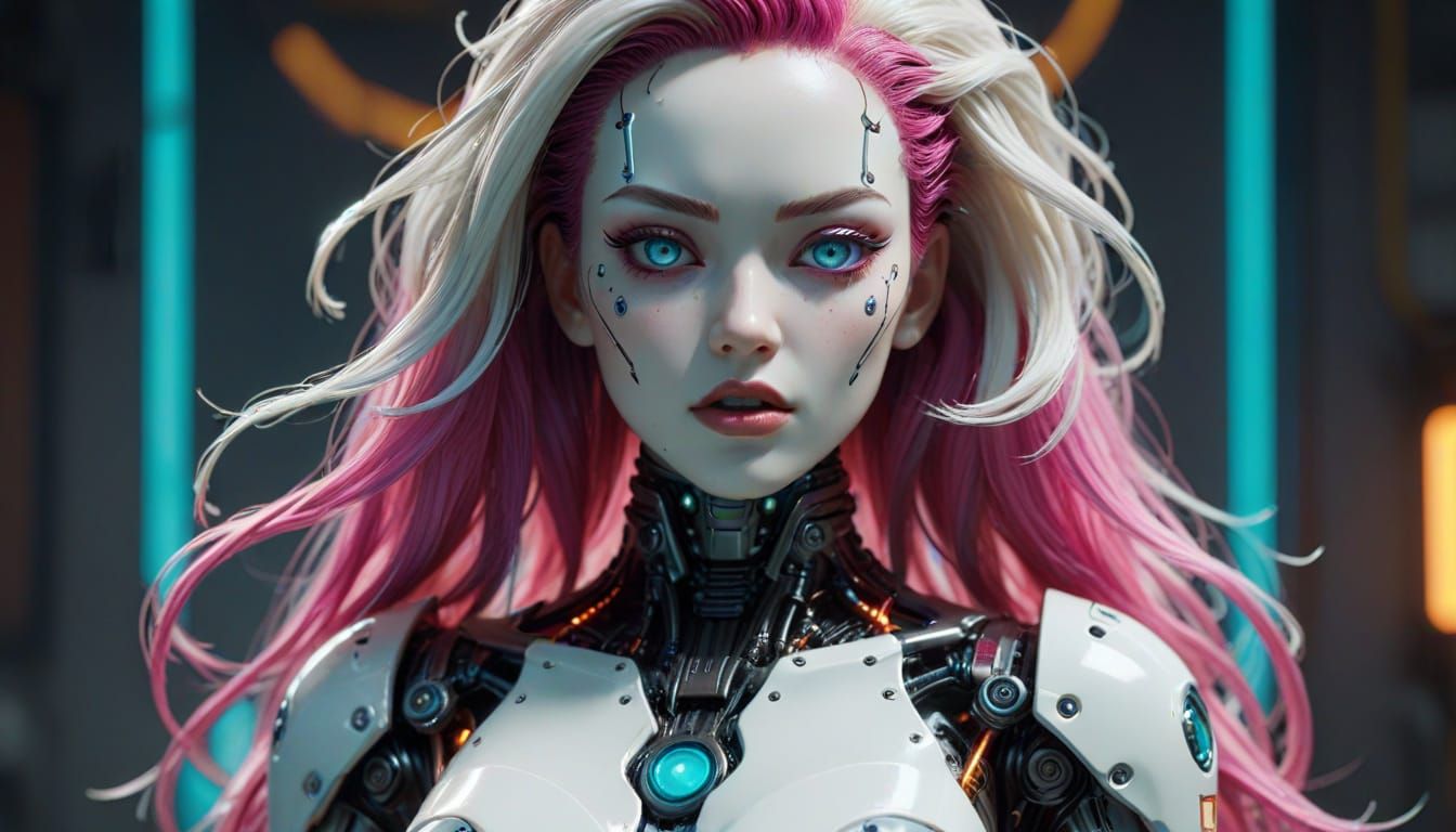 Frightening Gynoid Pinup Pose in Cyberpunk Neon