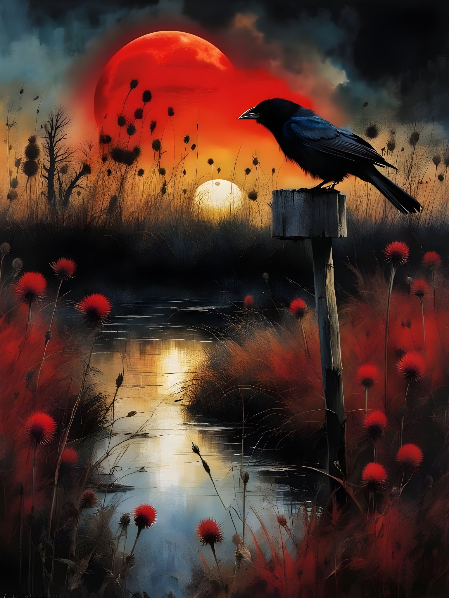 Dramatic Black Sun Eclipse with Crow, Color Print Art