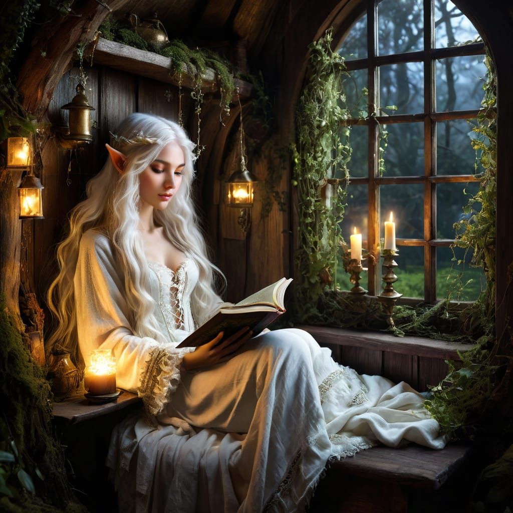 Whimsical Elf Maiden Reads by Candlelight in Enchanted Cotta...