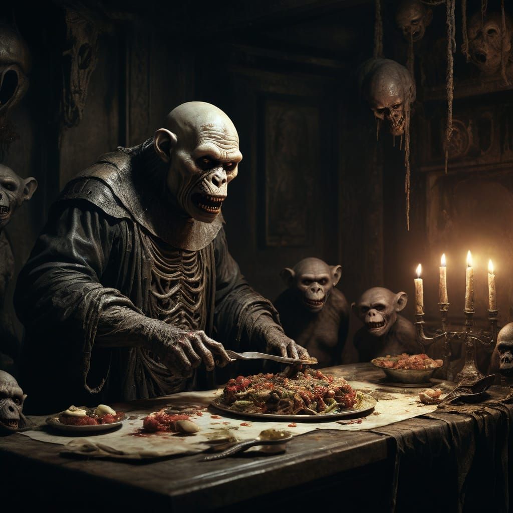 Grotesque Zombie Monkey Clown Preparing a Meal in Dark Fanta...