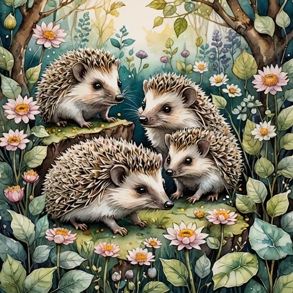 Magical Hedgehog Garden: Art Nouveau Watercolor Illustration