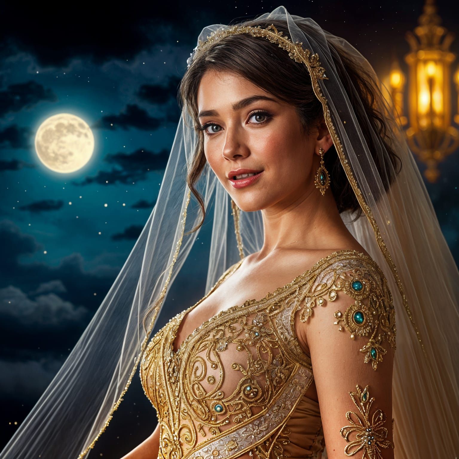Ethereal Bride Basks in Golden Glow under Starry Night Sky