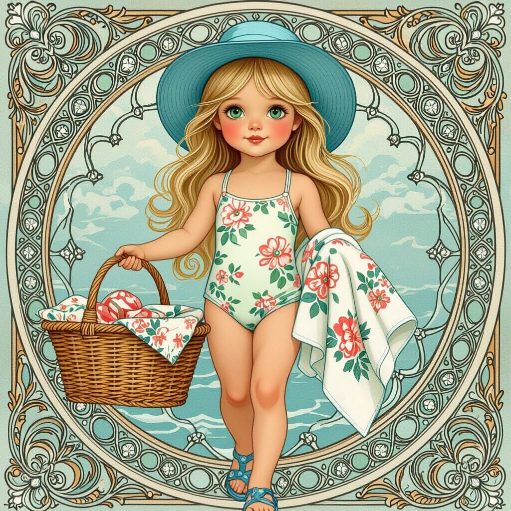 Sweet Girl with Picnic Basket in Art Nouveau Style