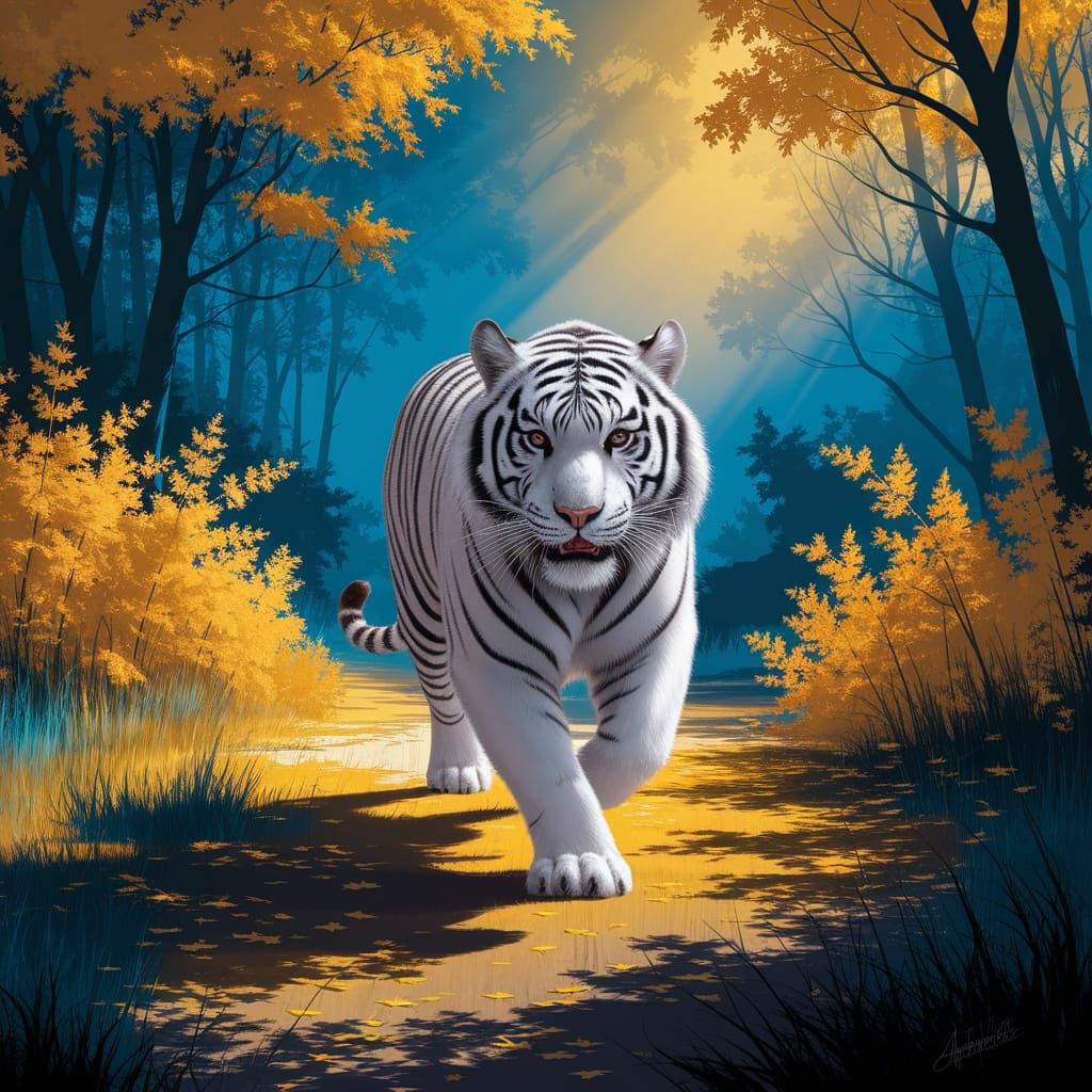 Majestic White Tiger Running Through Eerie Forest