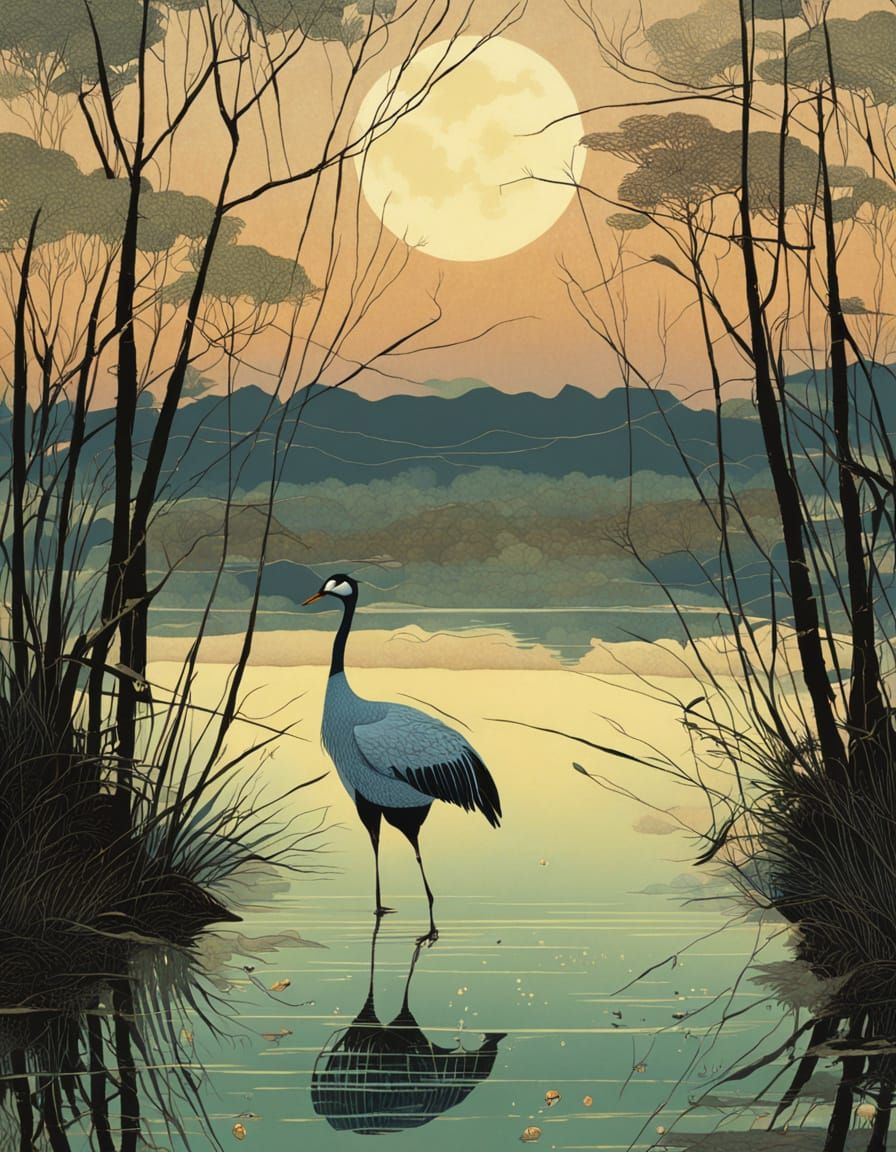 Cranes in Serene Evening Light, Intricately Detailed Scene