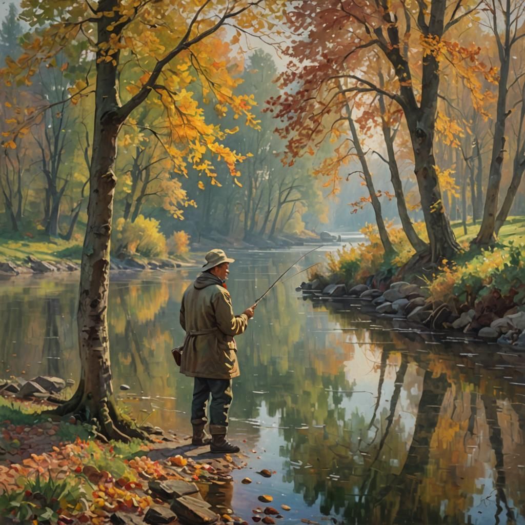 Idyllic Autumn River Scene in Impressionist Style