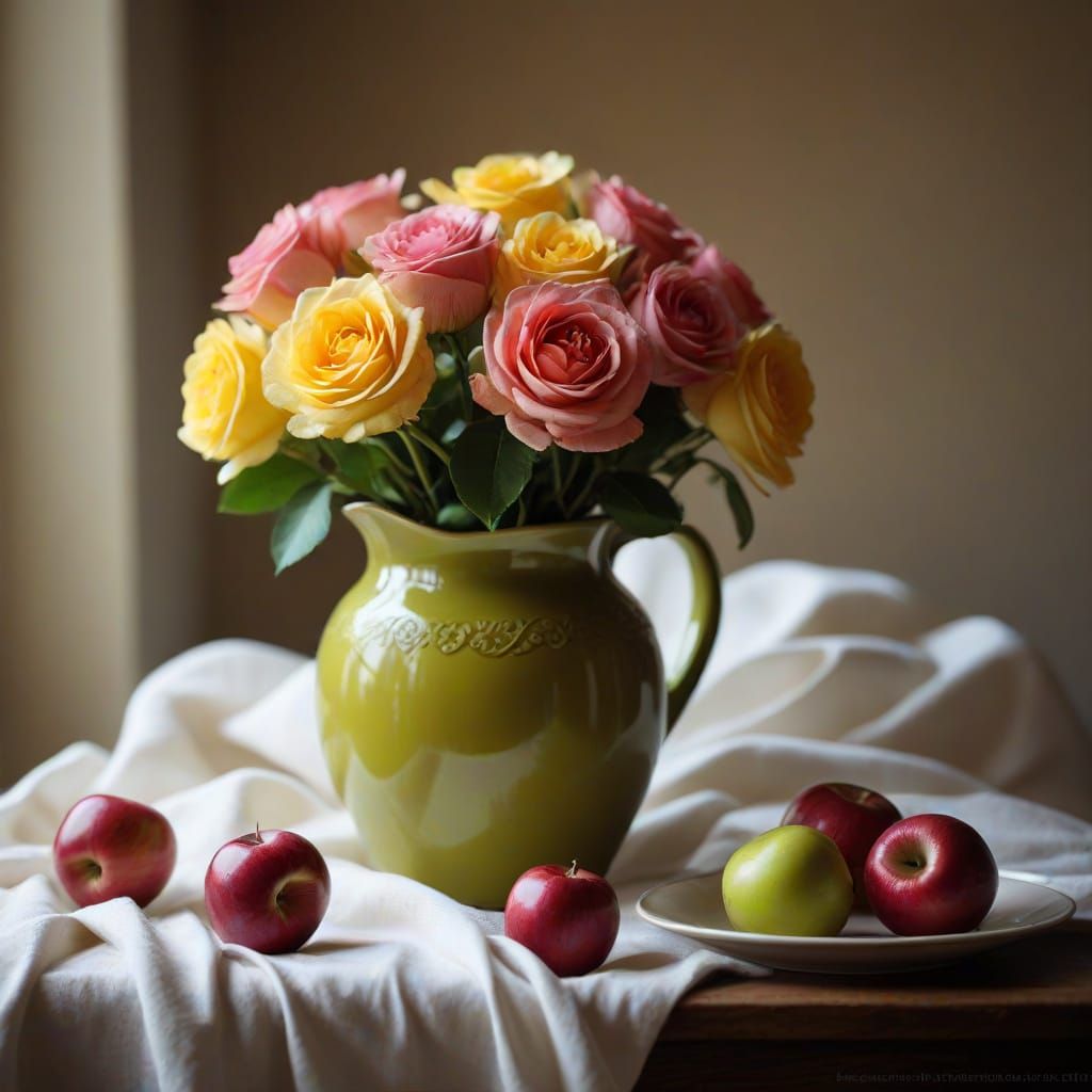 Realistic Still Life with Apples and Roses as Oil Painting
