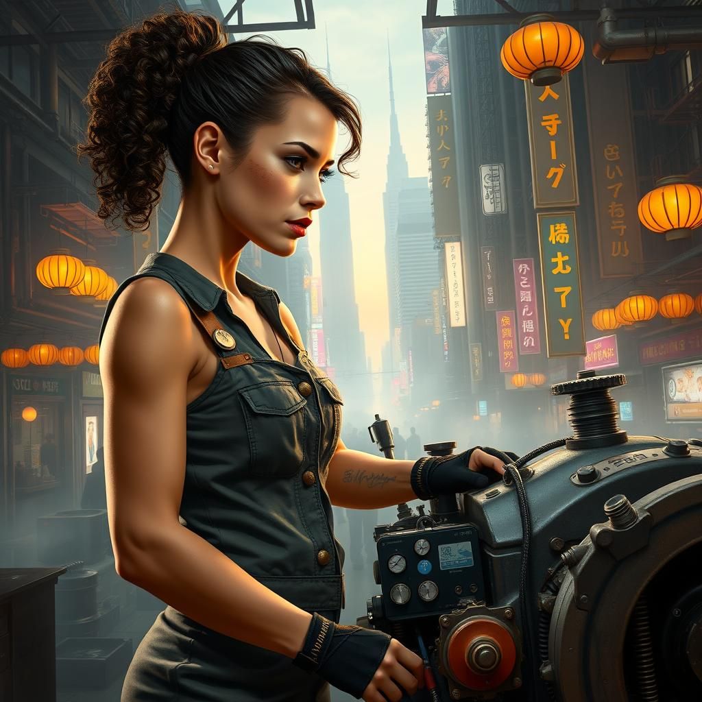 Steampunk Mechanic in Retro-Futuristic Cityscape