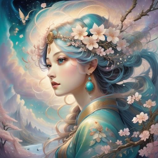 Magical Fantasy Girl with Cherry Blossoms Illustration