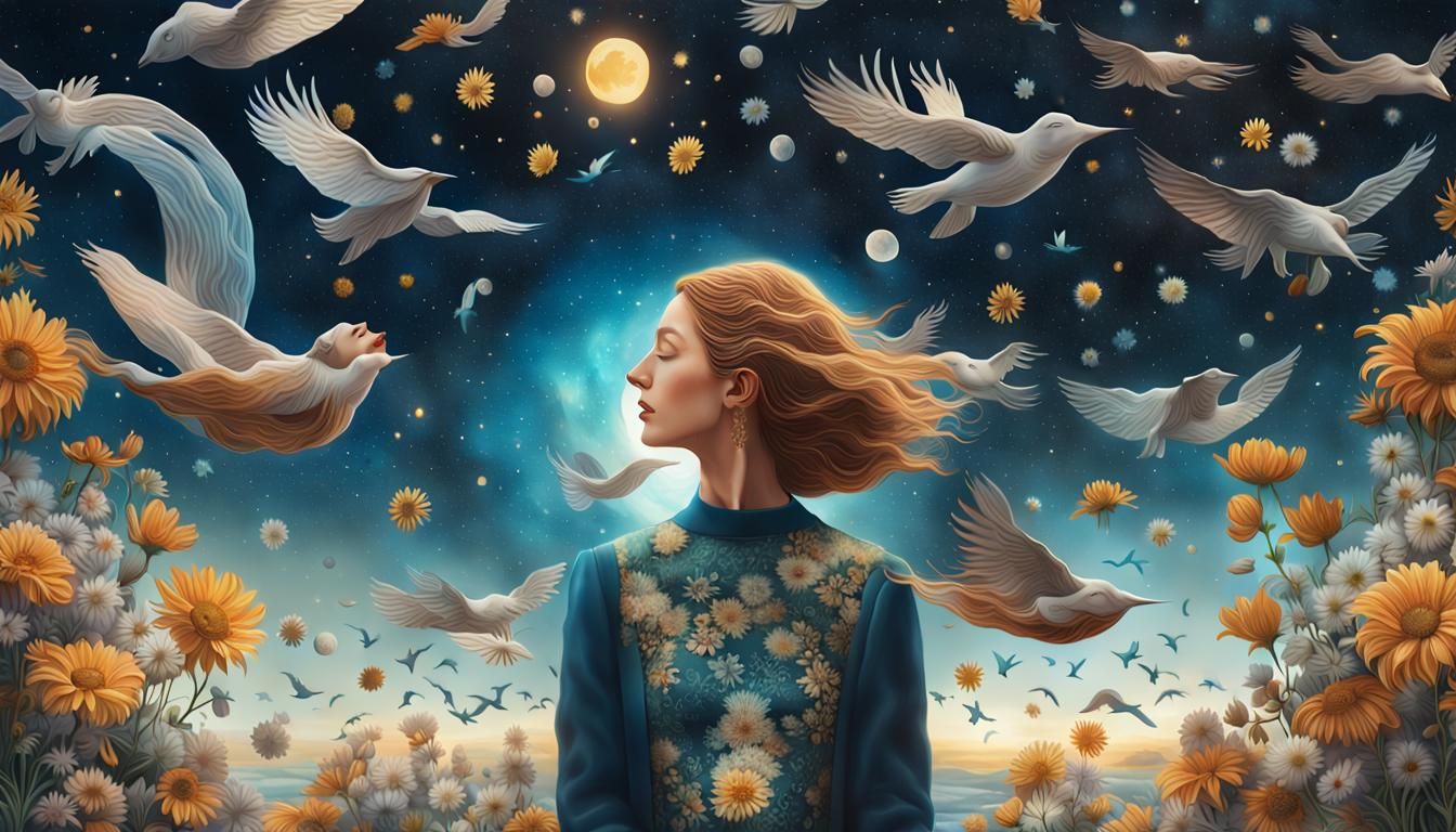 Woman Holding Cosmos in Surreal Universe