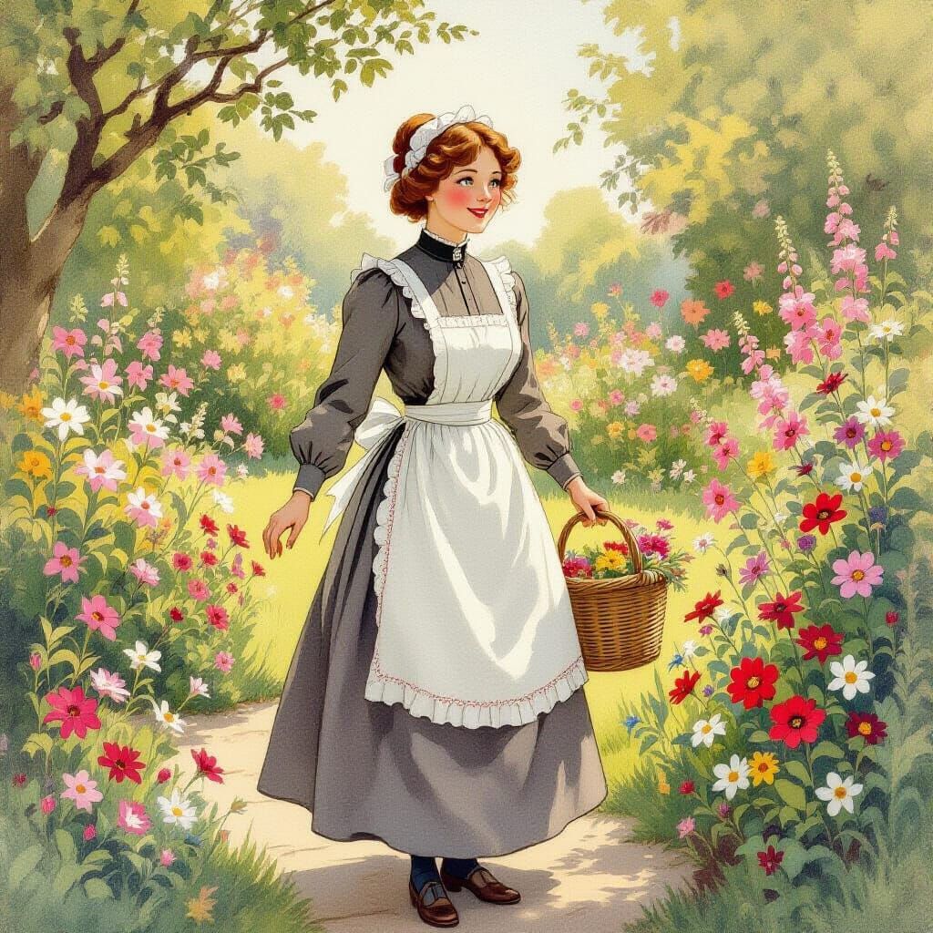 Edwardian Nanny in Lush Garden, Whimsical Illustration Style