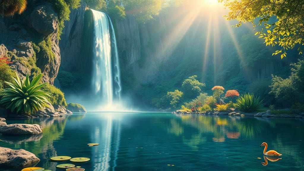 Majestic Cliffside Waterfall in Vibrant Cosmic Hues