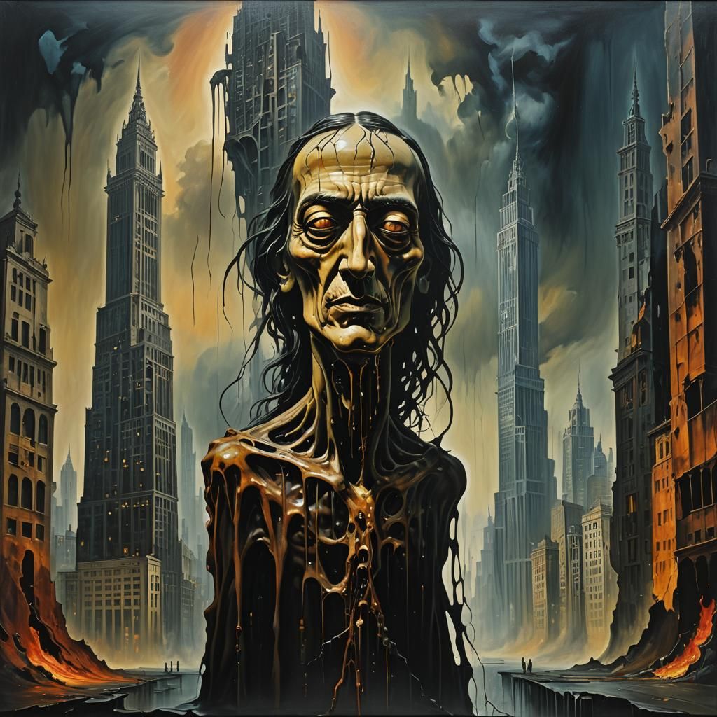 Surreal Dark Figure in Melting Cityscape