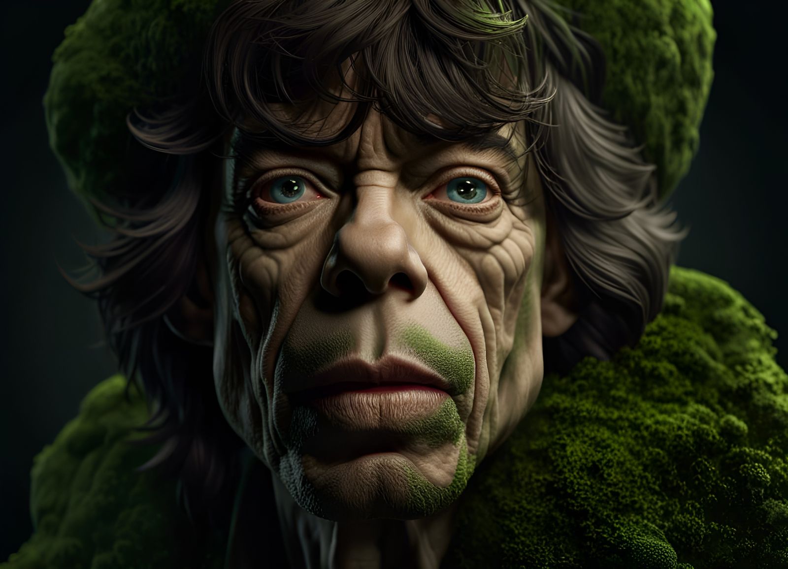 Hyperrealistic Portrait of Moss-Covered Rock Star
