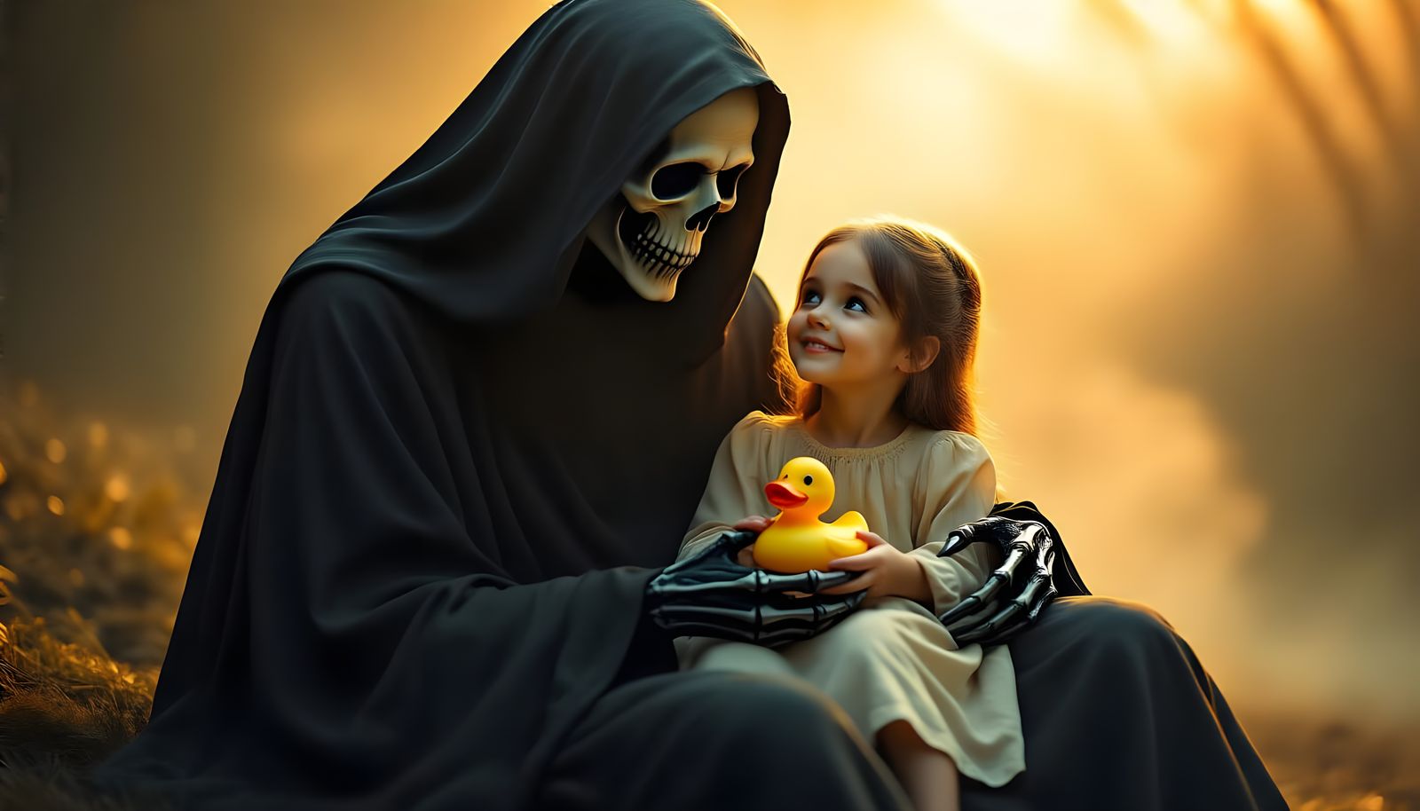 Grim Reaper Comforts Child in Serene, Symbolic Scene
