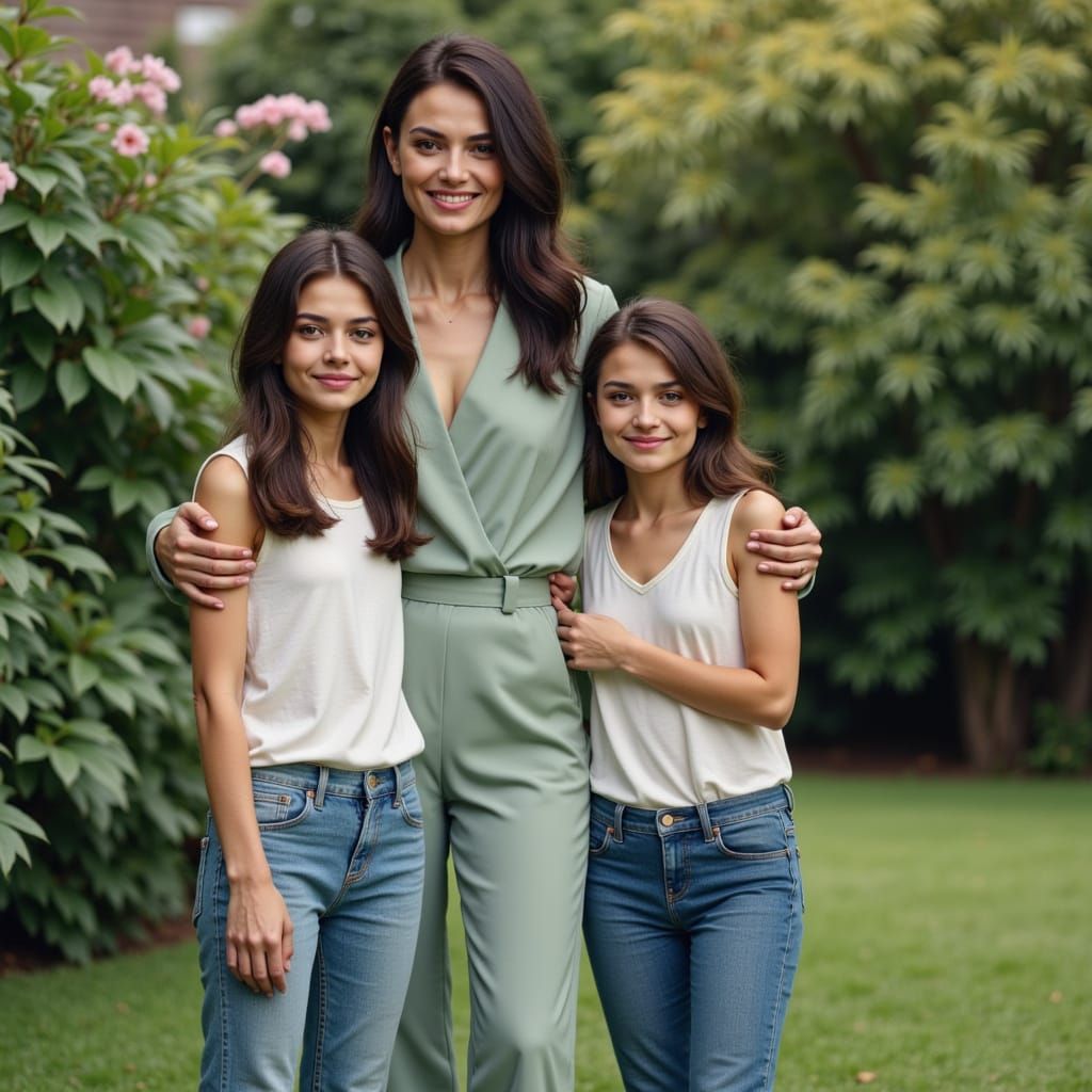 Elegant Mother and Daughters in 1990s Garden Photo
