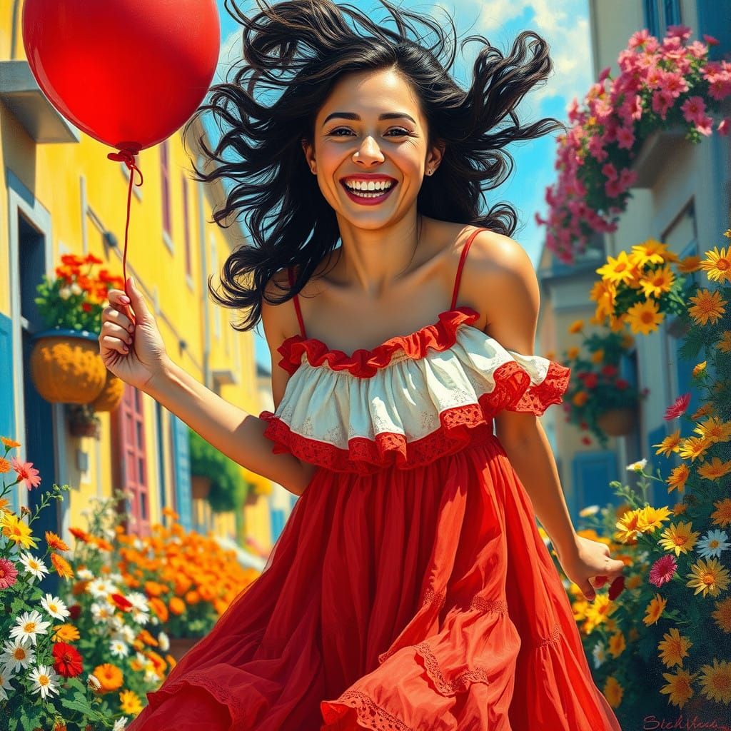 Vibrant Woman in Sunlit Floral Street Scene