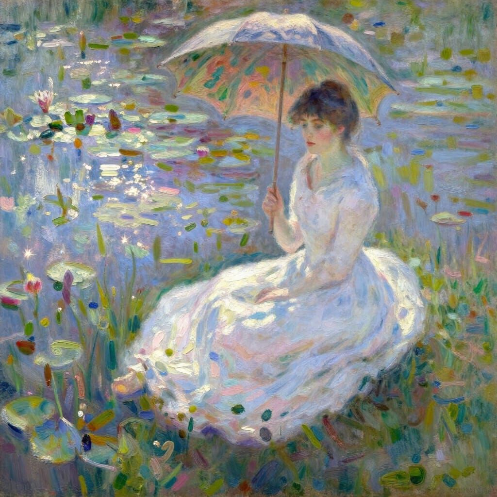 Impressionistic Woman in Lily Pond with Parasol