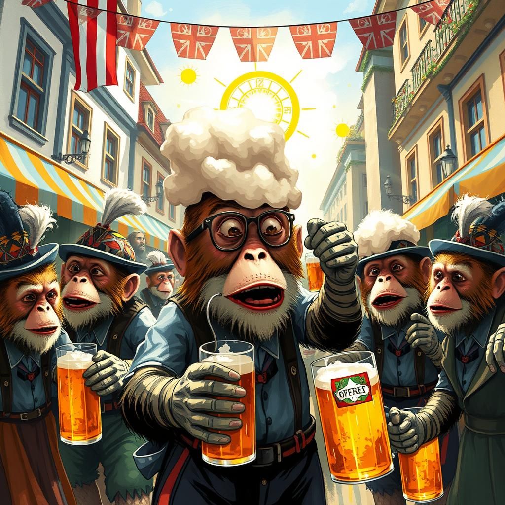 Oktoberfest: Drunken Monkeys in Munich, Folk-Art Style