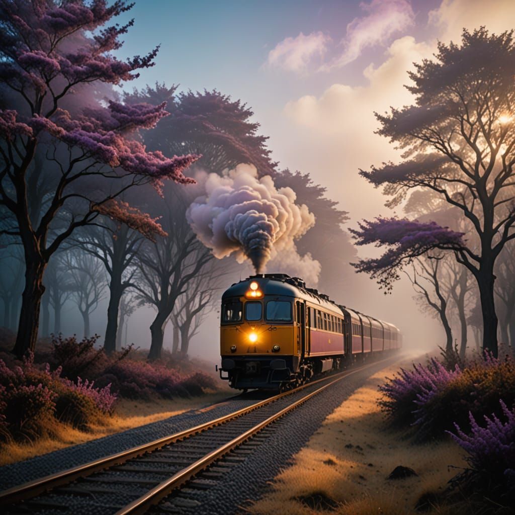 choo choo chugging through a foggy dreamy landscape