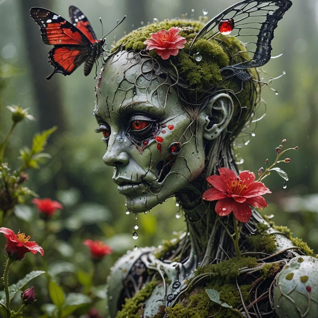 Damaged Humanoid with Flower: Macro Photograph