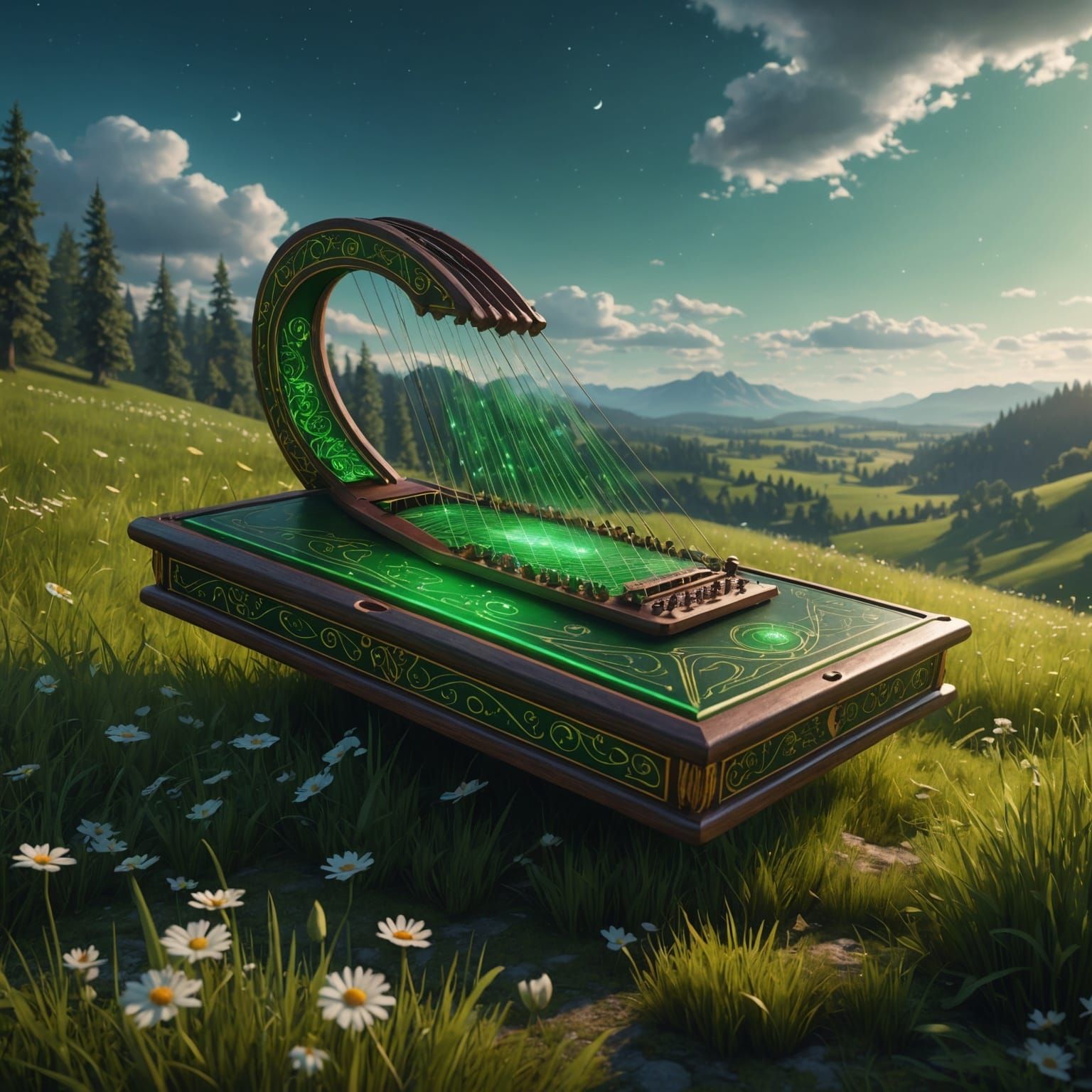 Glowing Zither Floats Above Green Meadow