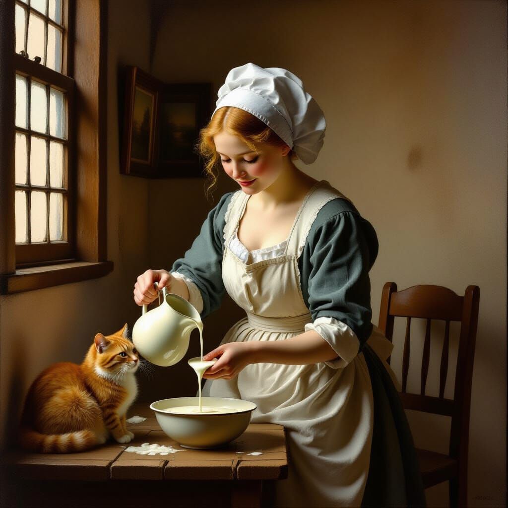 Ginger Cat Reimagines Vermeer's Milkmaid in Chiaroscuro