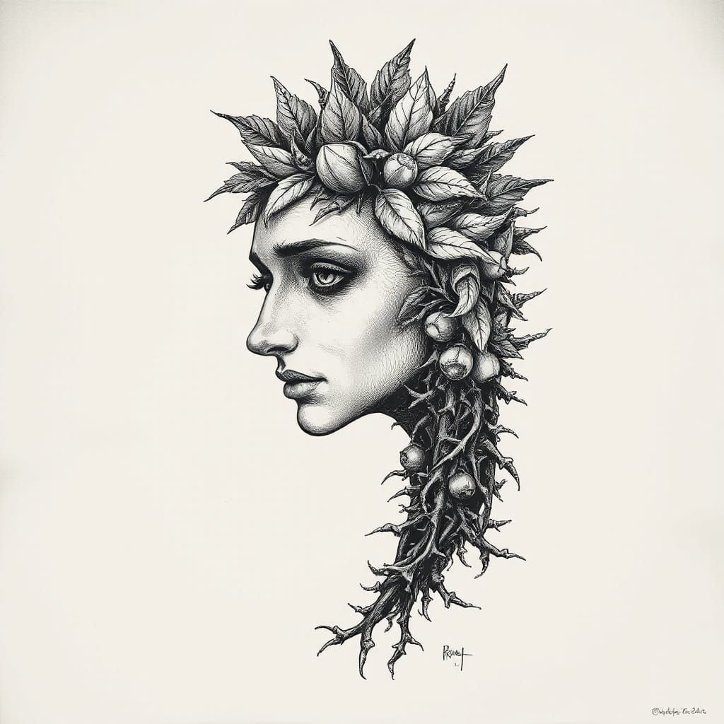 Surrealist Face in Intricate Leaf Forms, Melancholic and Con...