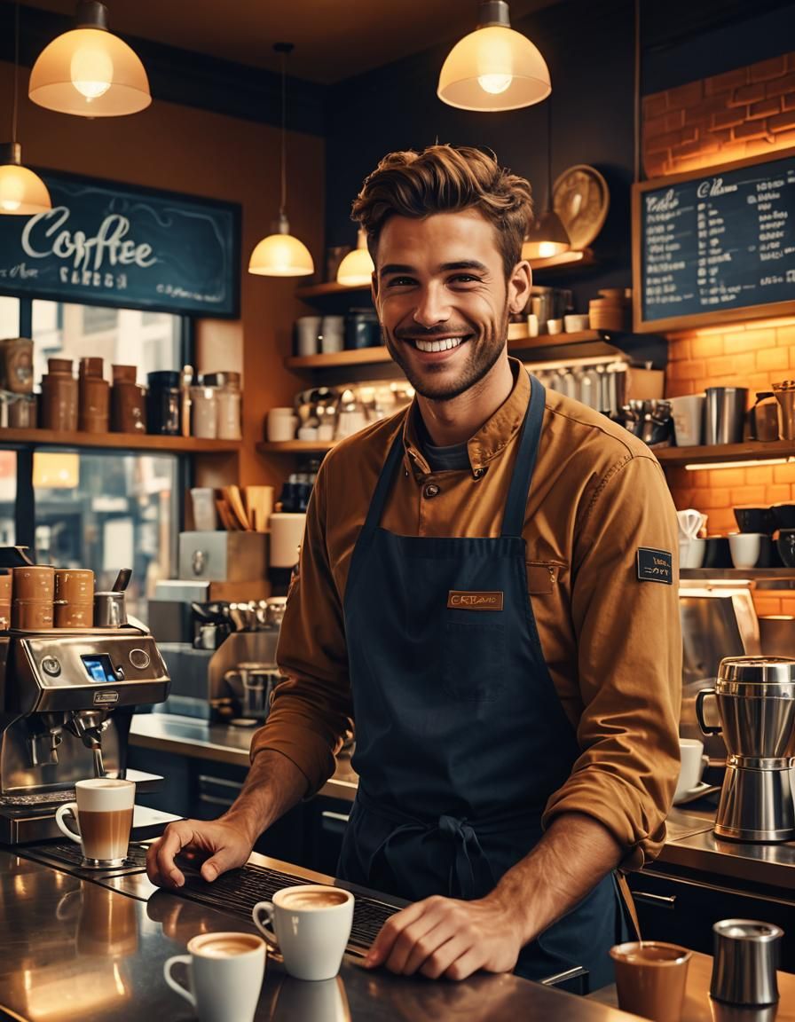 Smiling Barista Serving Customer: Digital Matte Painting