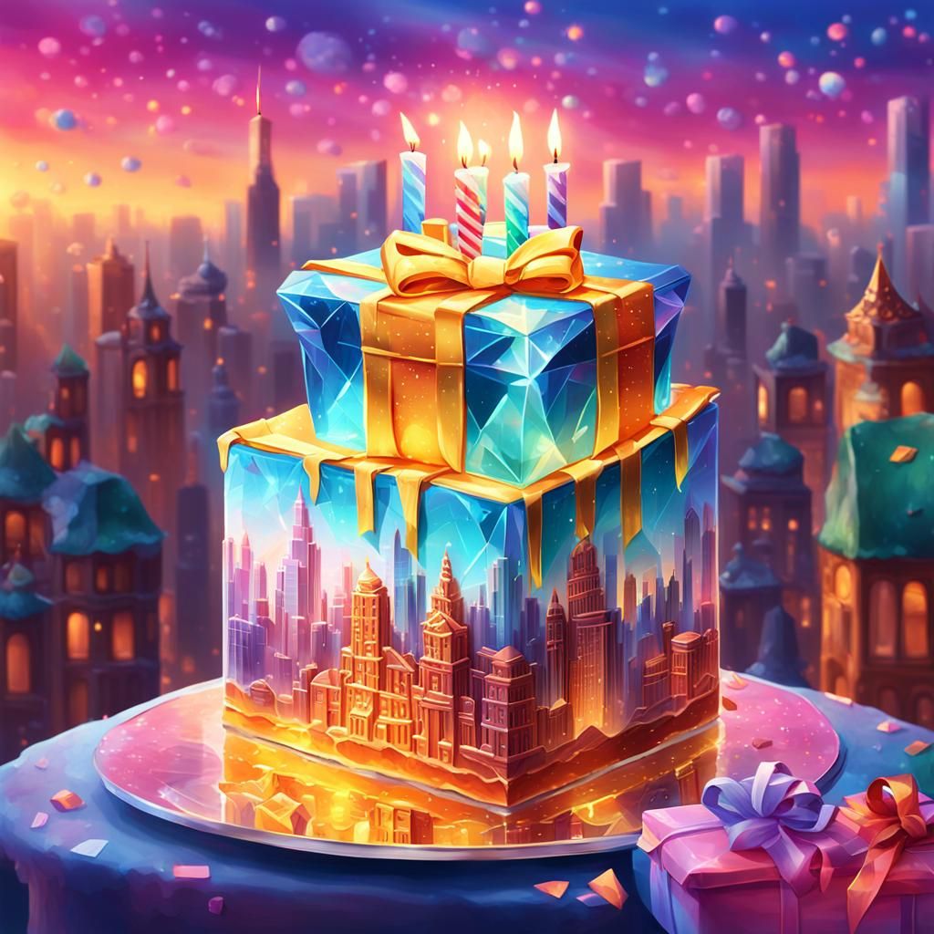Crystal Diamond Cake with Fantasy Cityscape