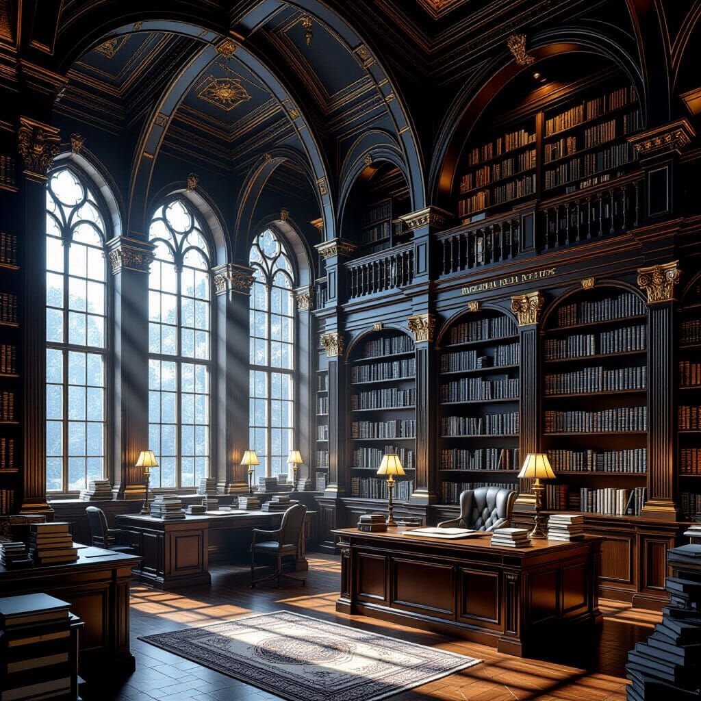 Ancient Library With Oversized Pencil Bookshelves