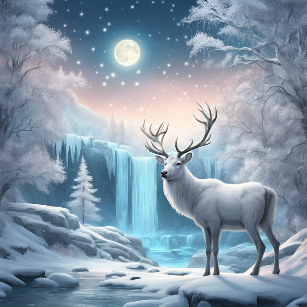 Majestic White Reindeer in Winter Wonderland
