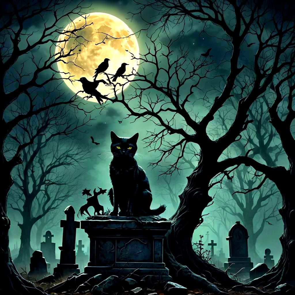 Skeleton Cat on Grave in Dark Forest